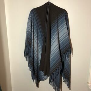 Voila Firenze Made in Italy wool blend fringed blue/brown blanket cape poncho OS